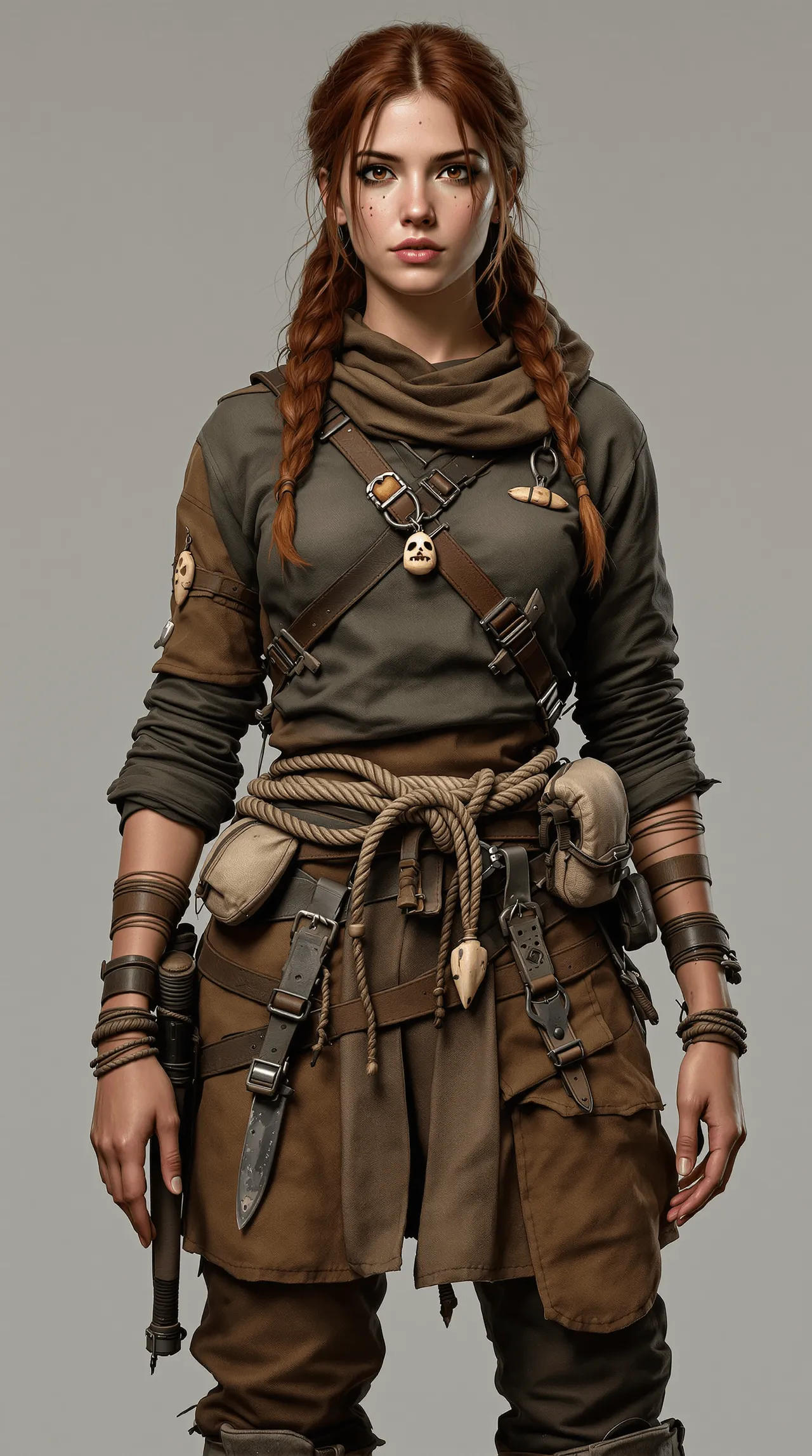 Mira Kesh in practical weathered layers with heavy leather at the belt and shoulder, dressed for work rather than for a fight.