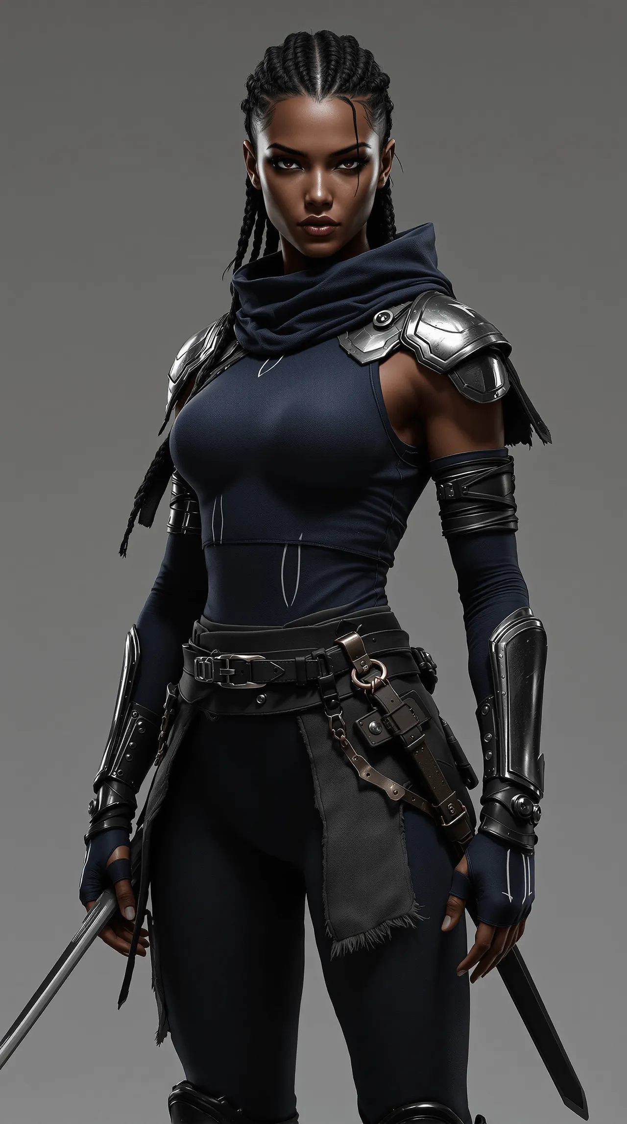 Nyra Voss, lean and armoured for speed: deep navy under thin steel plates at the shoulders, forearms and shins, braided hair, a frayed short cloak from one shoulder and a curved single-edge sabre at the left hip.