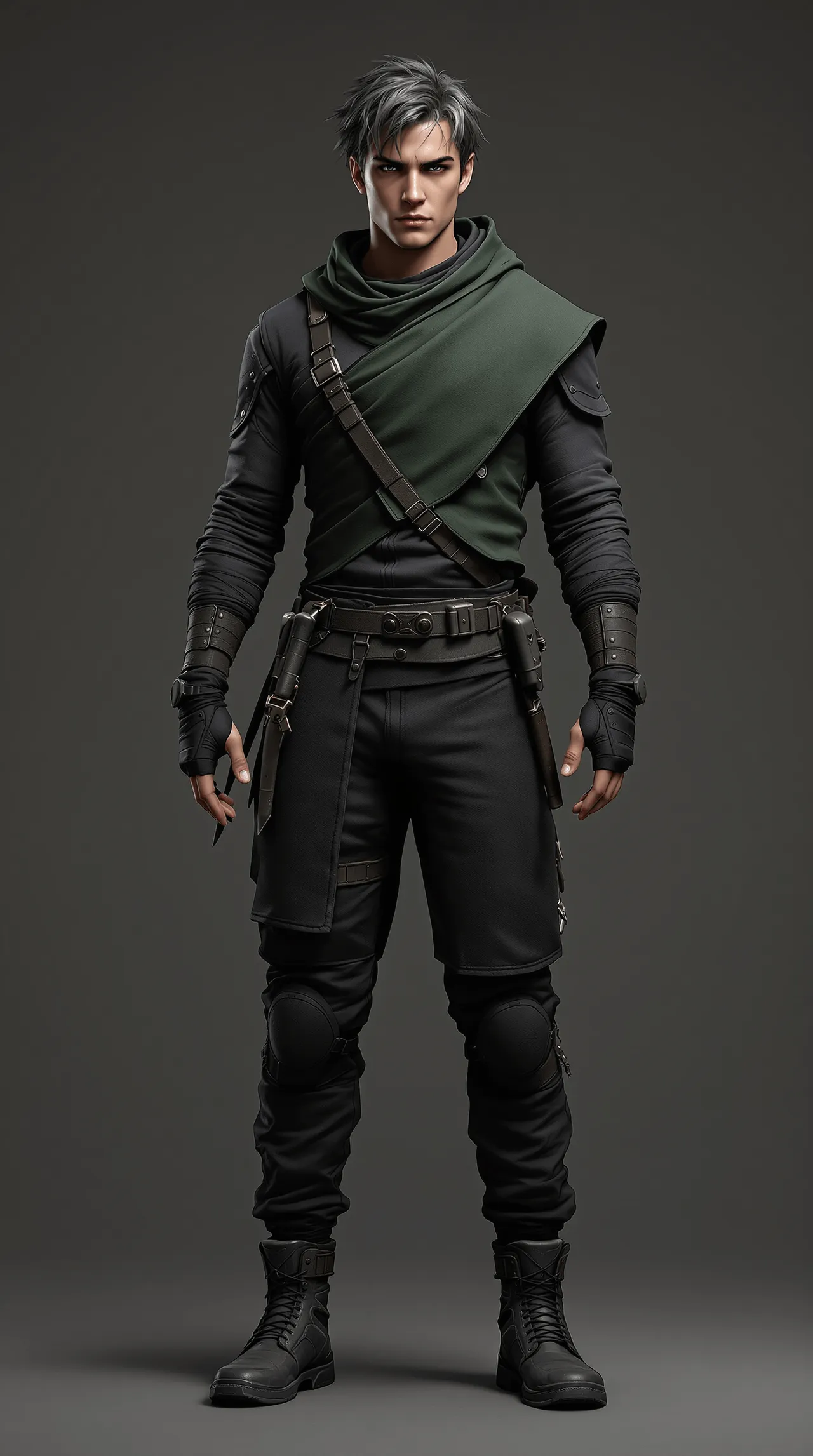 Ren Vale, a lean scout in charcoal layers with a single green shoulder mantle, forearms wrapped in dark cloth, a slim blade sheathed across the lower back.