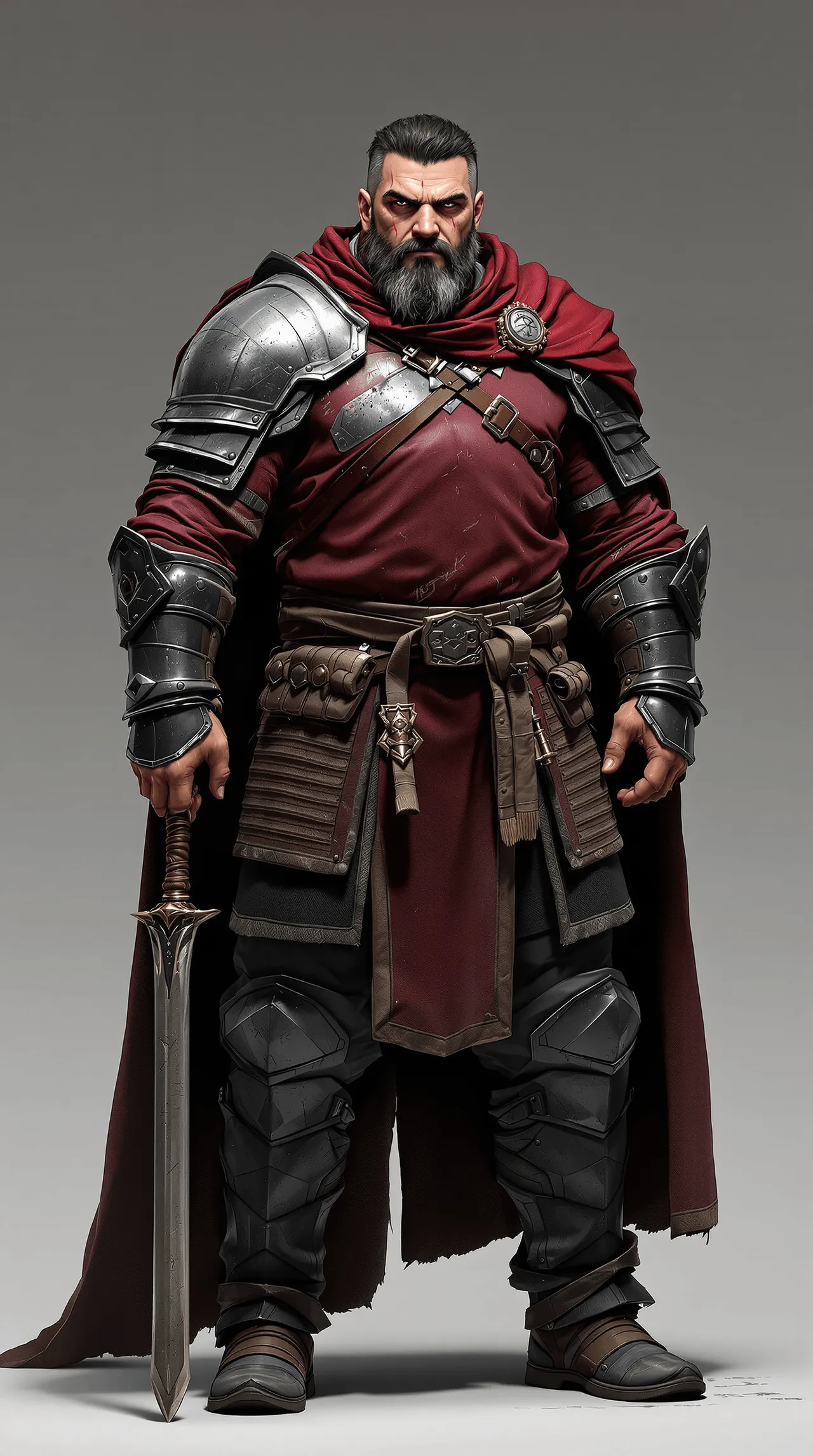 Tor Varen, broad-shouldered in dark reinforced layers with limited armour panels and a heavy belt.