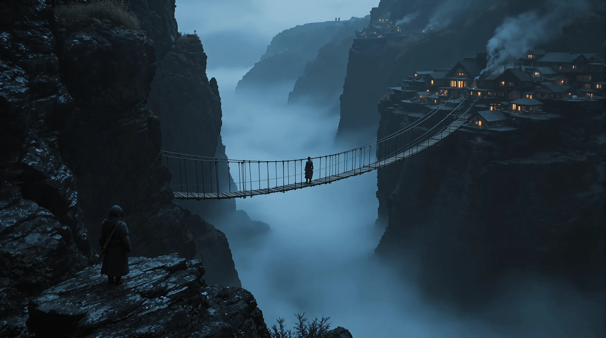A rope bridge strung across a fog-filled chasm, one figure crossing it toward a cliffside settlement whose windows burn amber, another watching from the near ledge.