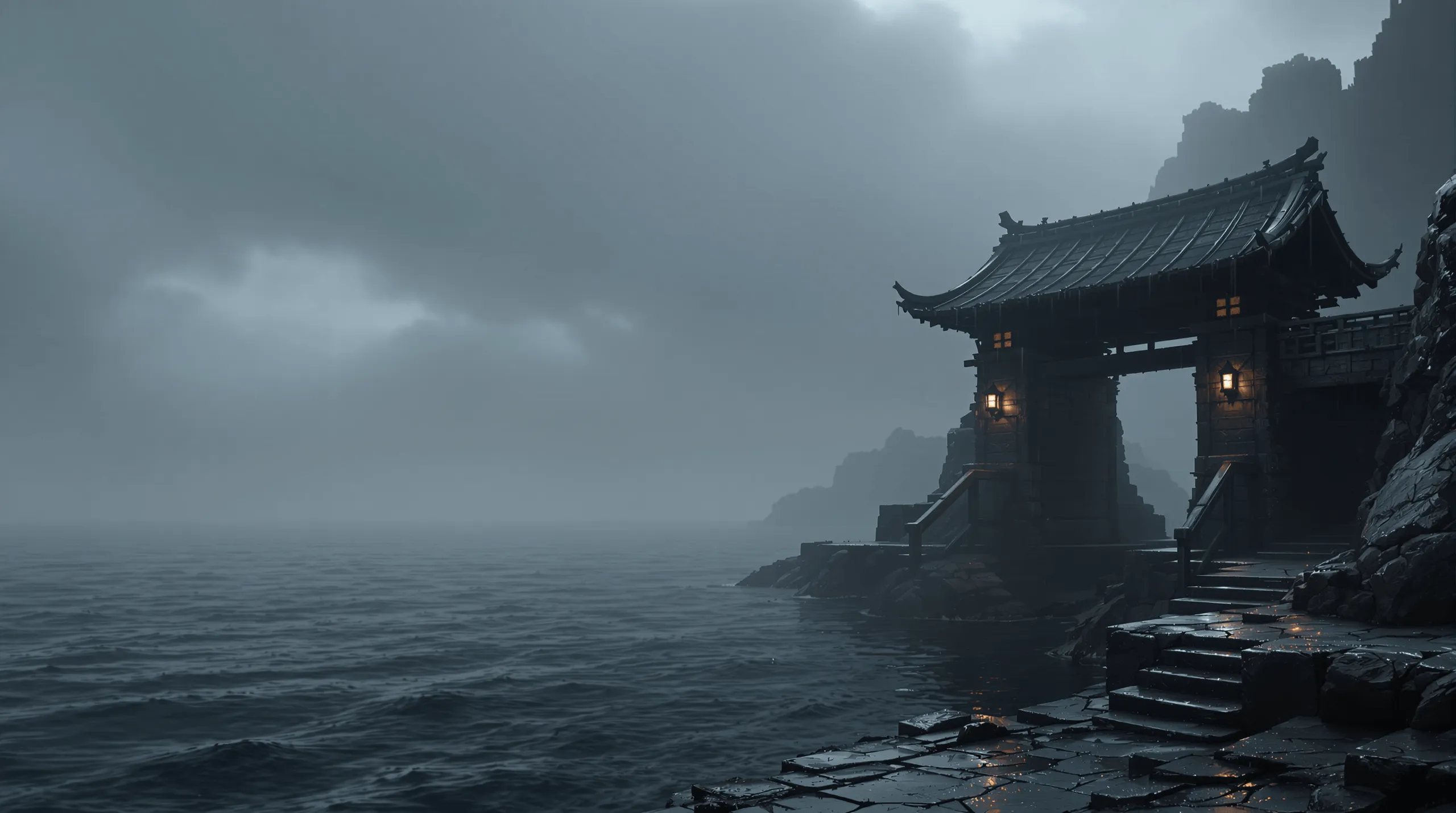 A stone and timber sea gate built into a cliff above a cold grey ocean, two ember lanterns burning under its curved roof while fog erases the horizon.