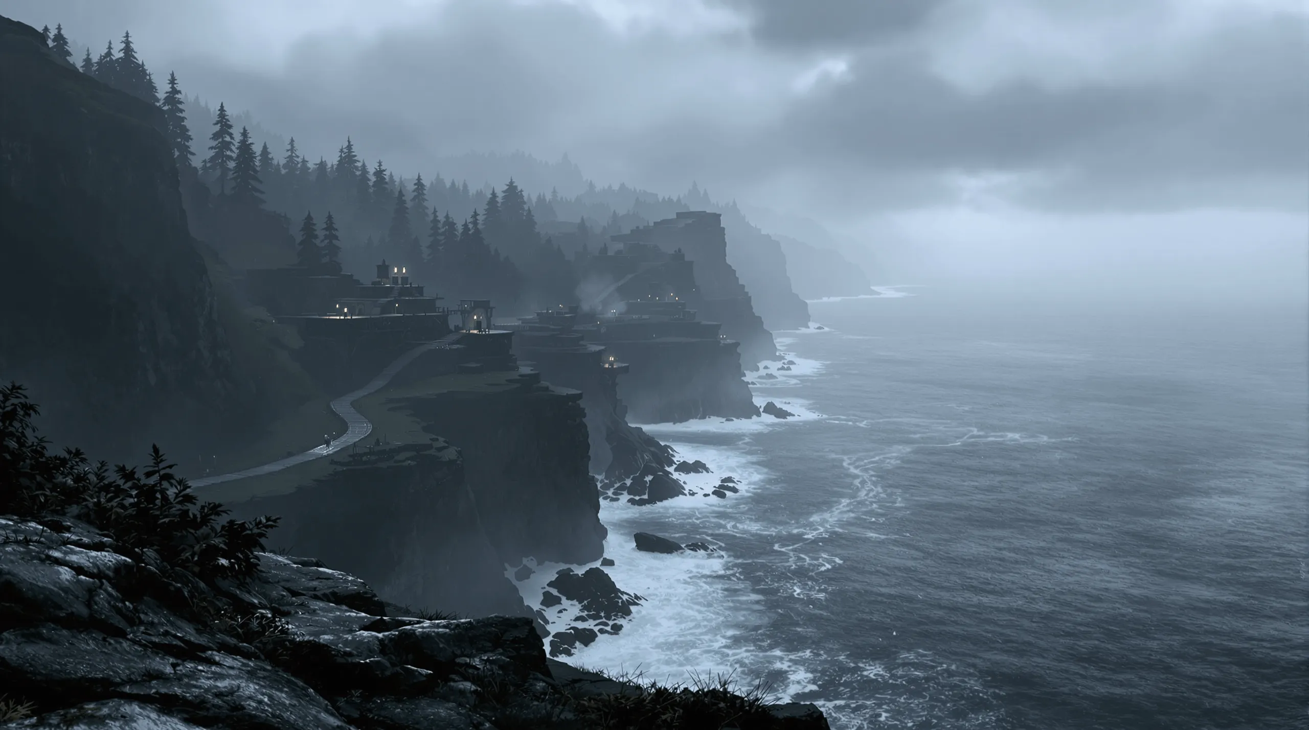 A rain-grey coastline of black cliffs and pine, a terraced stone settlement stepping down toward surf, seen from a high headland under low cloud.
