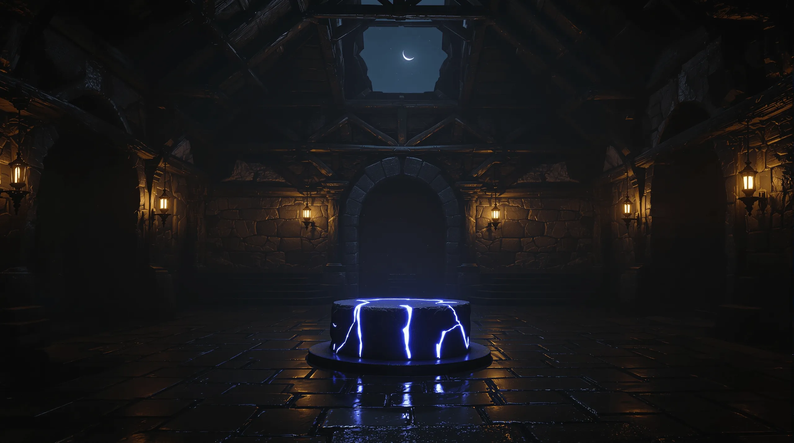 A low circular stone pedestal in a dim timber hall, its cracks lit from within by pale cyan-violet Veil light, a crescent moon visible through a gap in the roof.