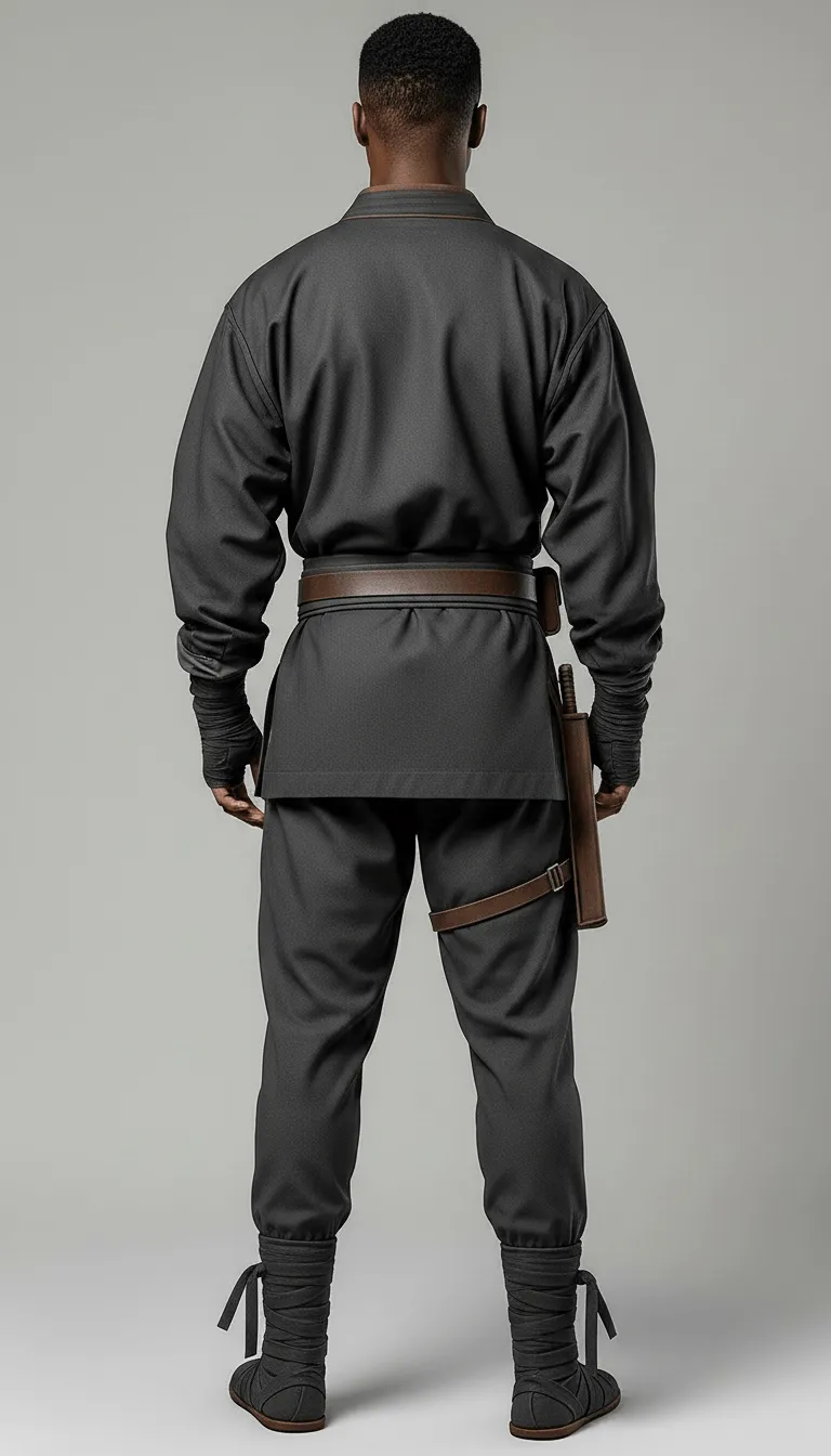 The starter outfit from behind: a plain charcoal back with no cloak or pack, the belt continuing around, and the ankle wraps visible below the tapered trousers.