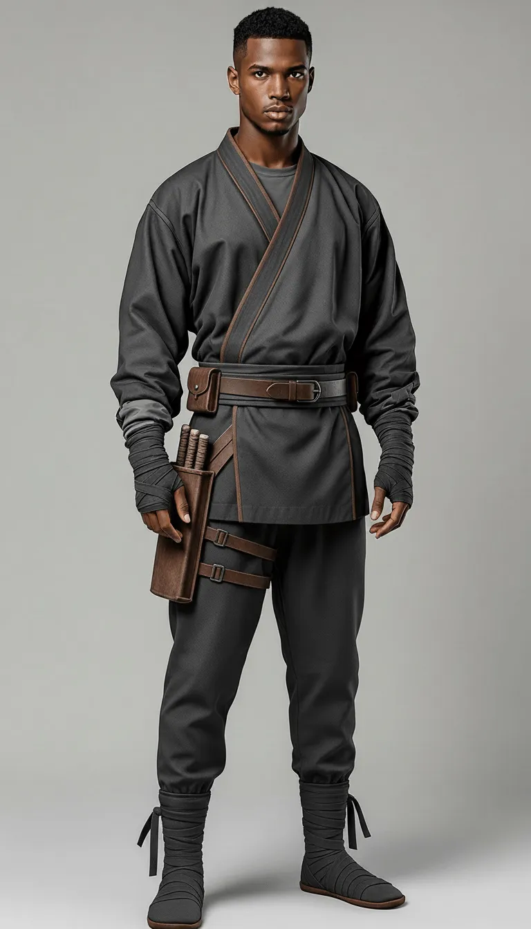 The starter outfit, front view: a charcoal wrapped top with an asymmetric closure and a thin umber trim, a heavy leather belt with a pouch, wrapped forearms and fingerless gloves, a cord-wrapped tool roll strapped to the right thigh, and tapered trousers gathered at the ankle over wrapped soft-soled boots.