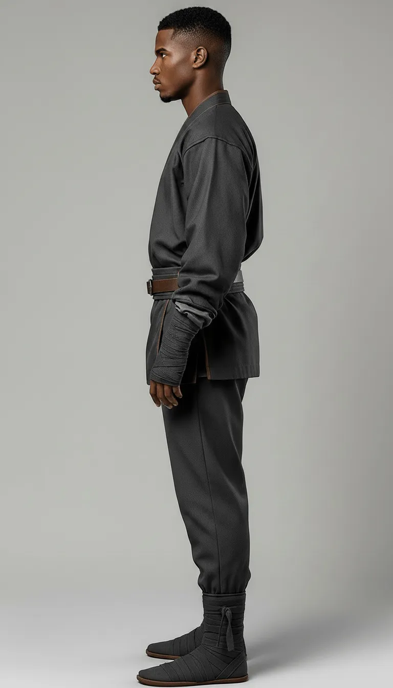 The same starter outfit in profile, showing how the wrapped top closes across the body and how the thigh roll and belt sit on the hip.