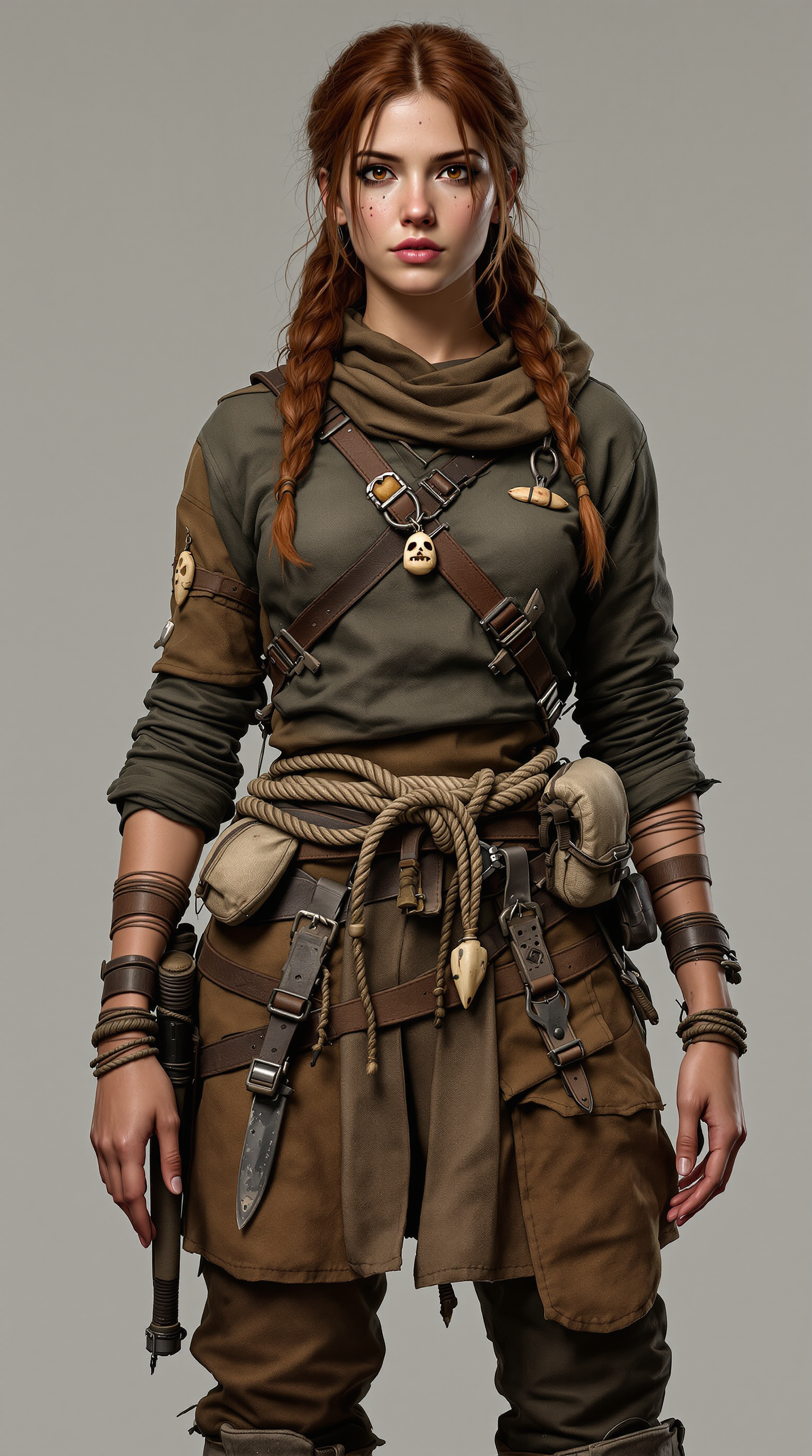 Mira Kesh, a wildbinder in weathered earth-tone layers with a leather harness, climbing rope and carved tokens at the belt.