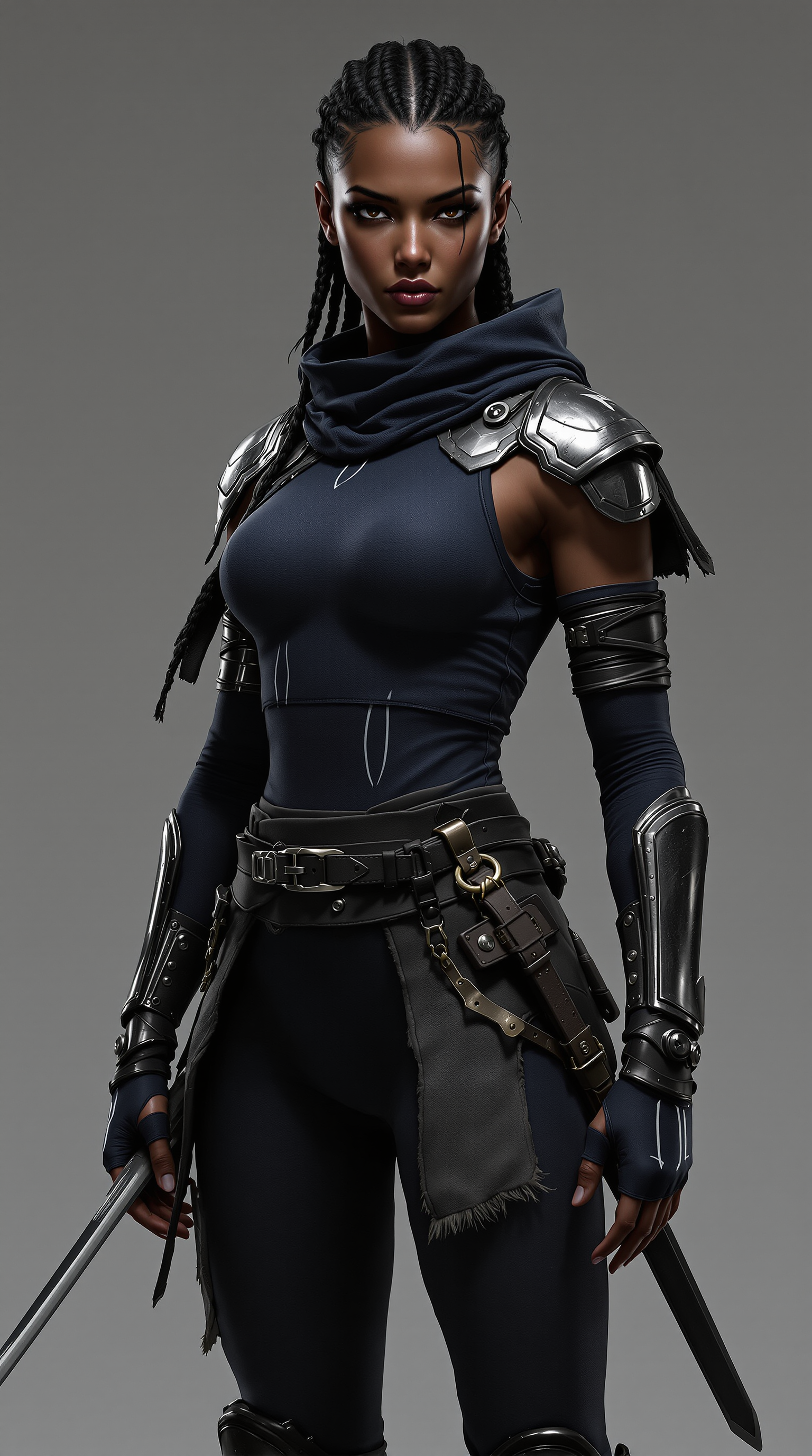 Nyra Voss, a stormblade in deep navy combat clothing with conductive plate at the shoulders and a curved sabre at the hip.