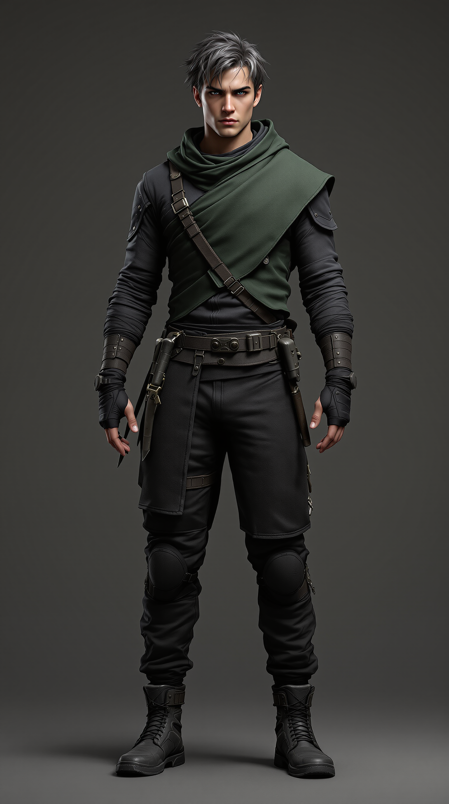Ren Vale, a lean scout in layered charcoal combat clothing with a single forest-green shoulder mantle.