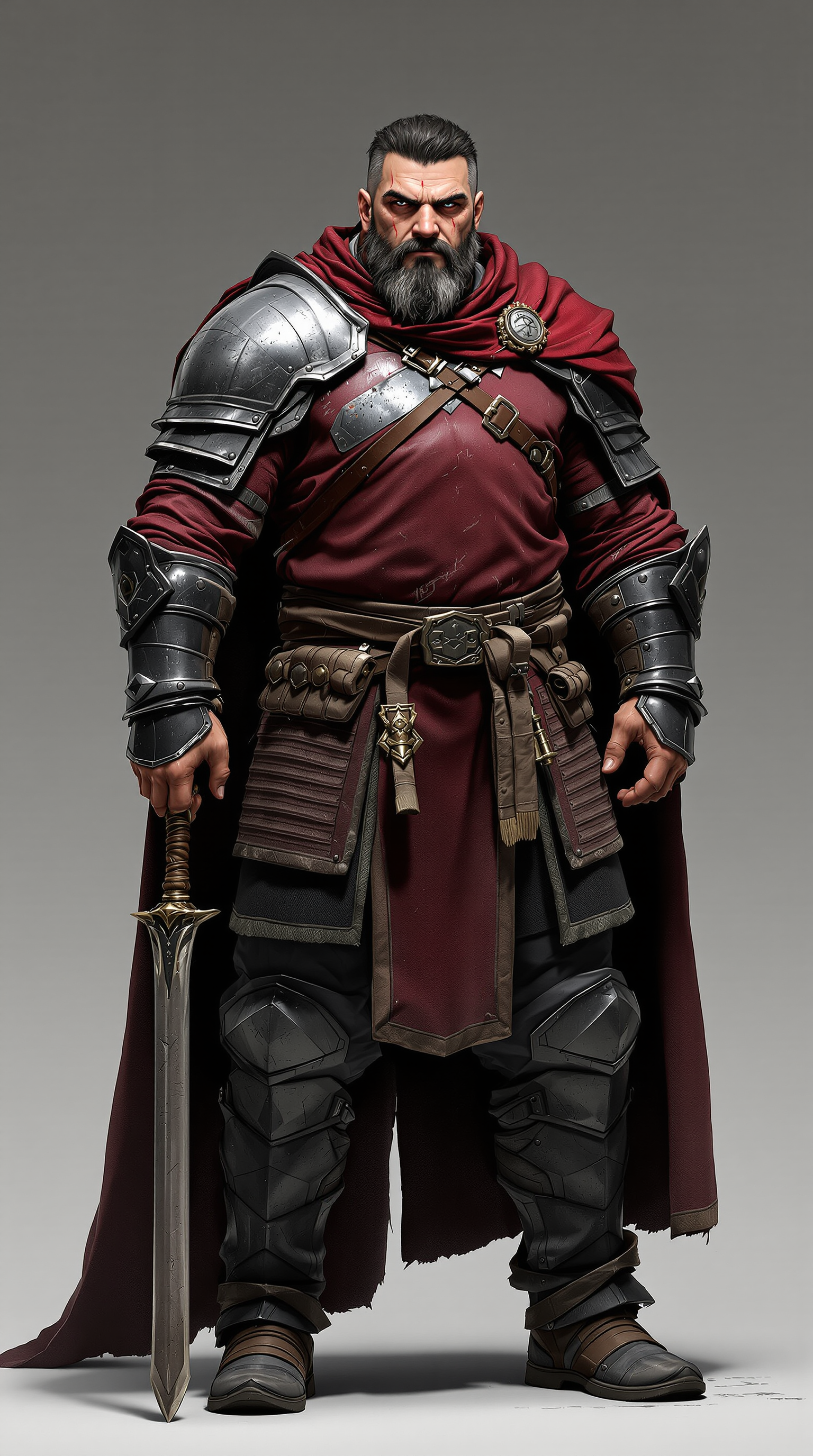 Tor Varen, a heavyset veteran Warden in oxblood and charcoal armour with limited plate at the shoulders and a cape from one shoulder.
