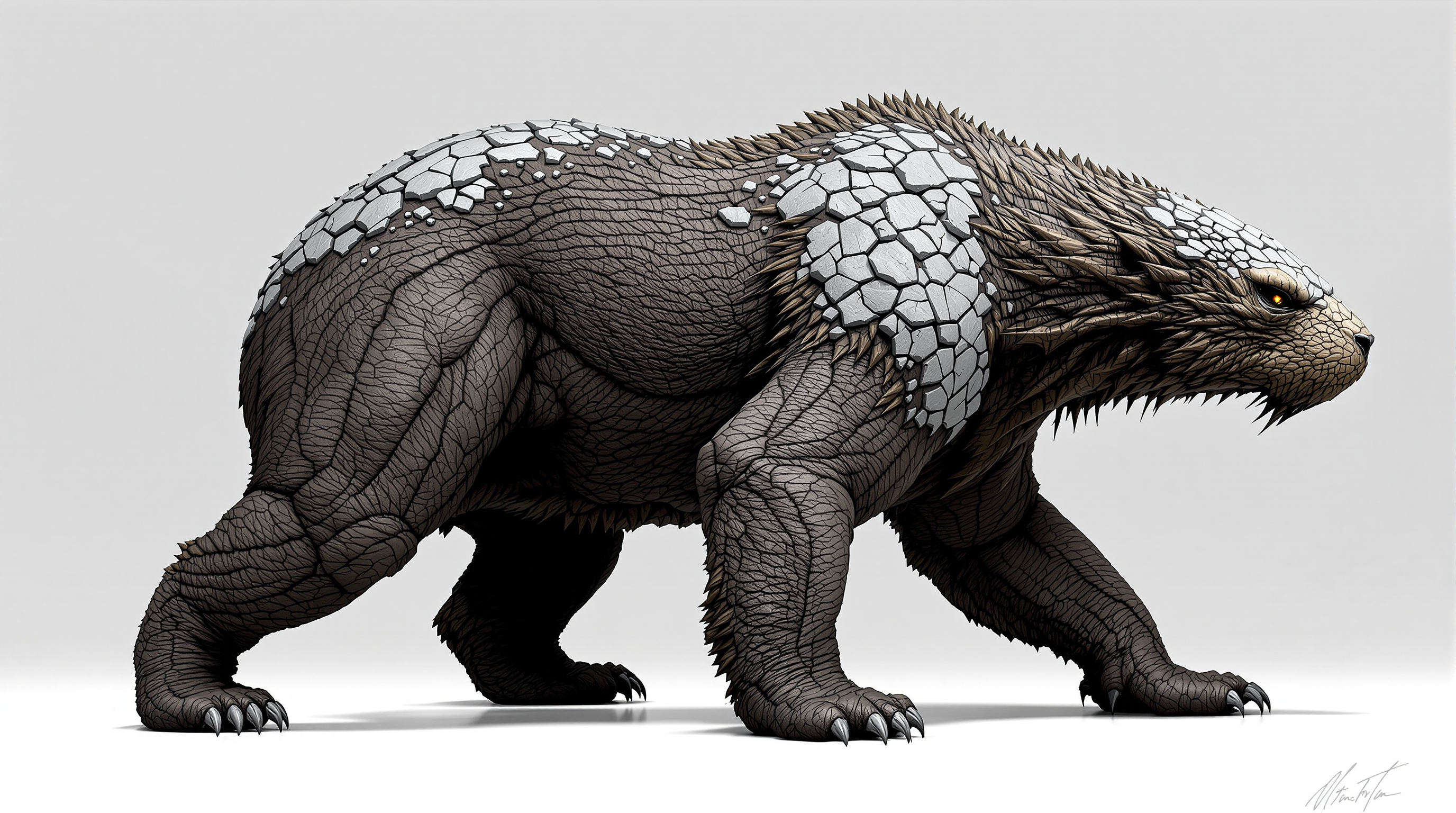 Varkuun, a heavy quadruped predator with long forelimbs, raised shoulders and mineral plates erupting in patches through its hide.